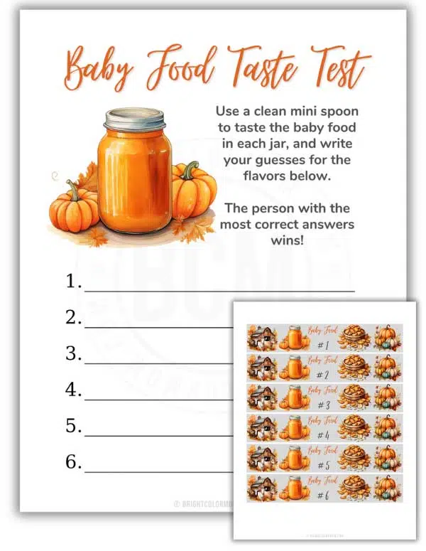 printable Baby Food Taste Test baby shower game with matching baby food jar labels