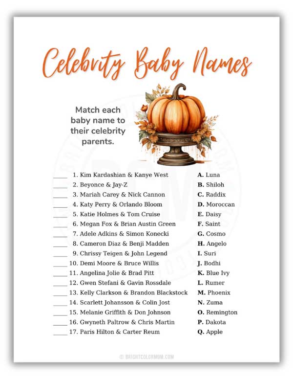 printable Celebrity Baby Names baby shower game