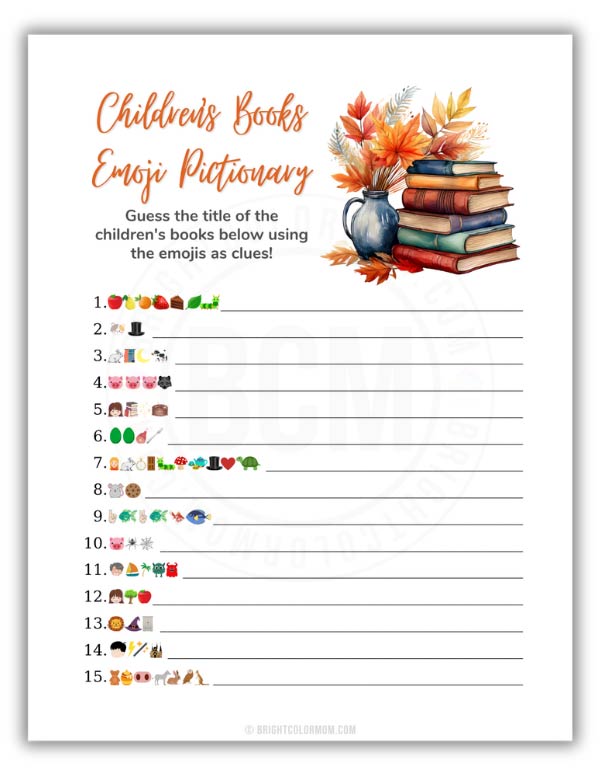 printable Children's Books Emoji Pictionary baby shower game