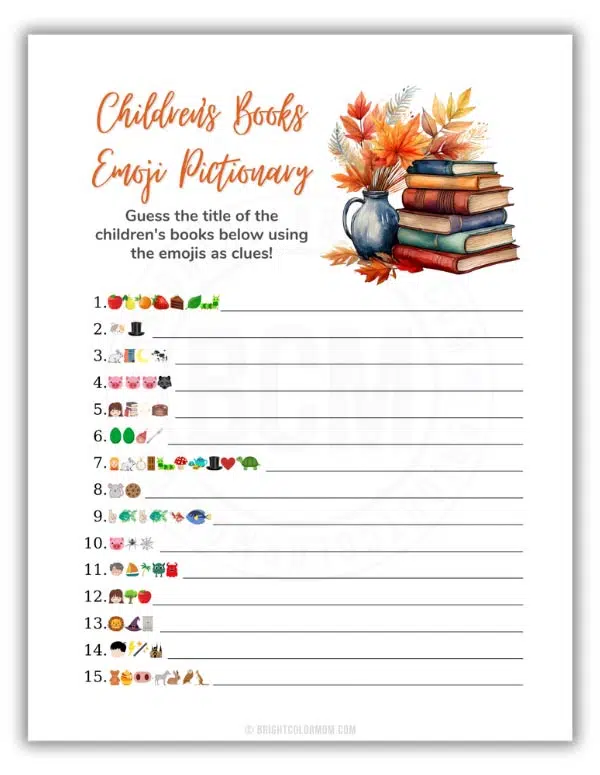 printable Children's Books Emoji Pictionary baby shower game