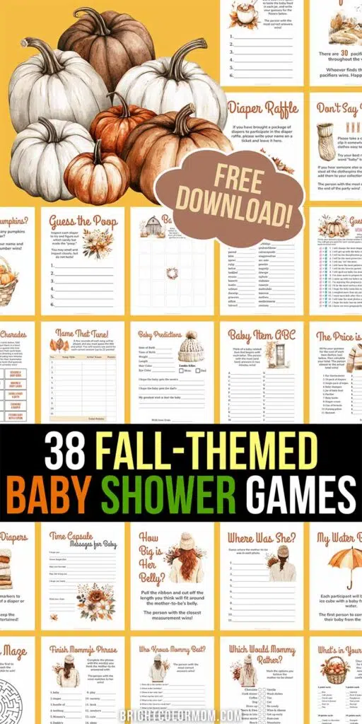 collage of printable fall-themed baby shower games