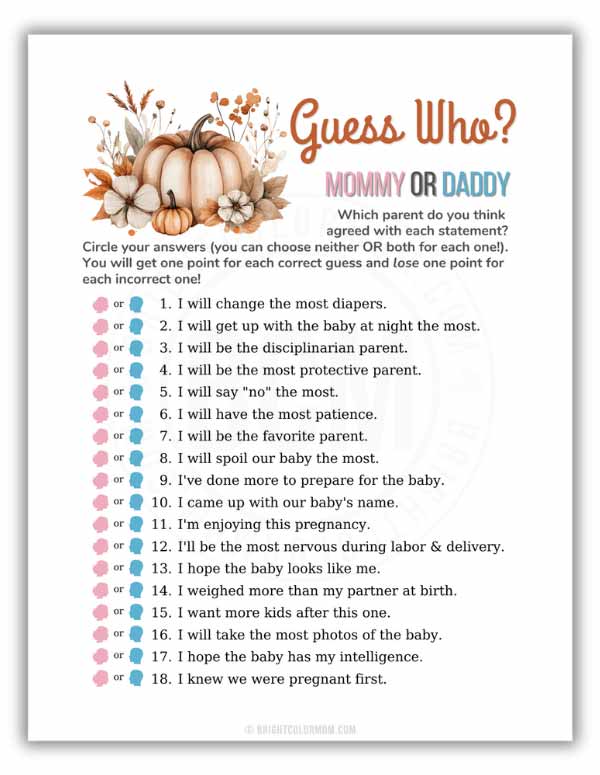 printable Guess Who? Mommy or Daddy baby shower game