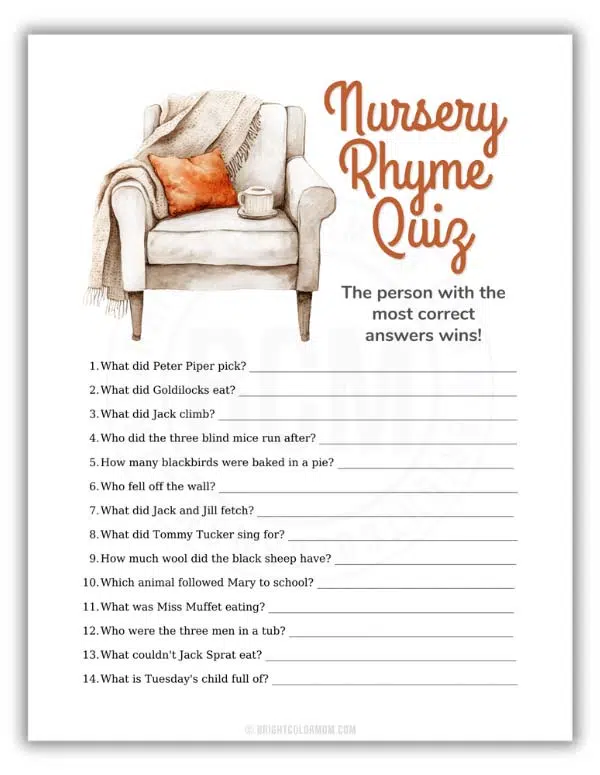 printable Nursery Rhyme Quiz baby shower game