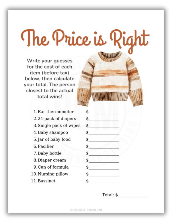 printable The Price is Right baby shower game