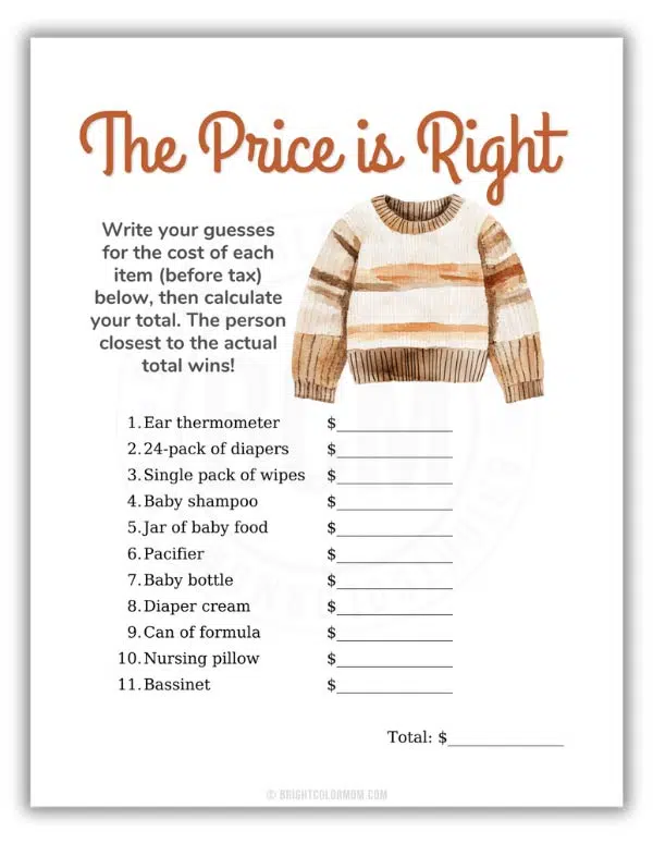 printable The Price is Right baby shower game