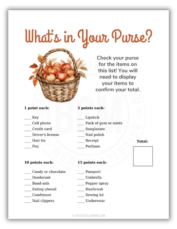 printable What's in Your Purse? baby shower game