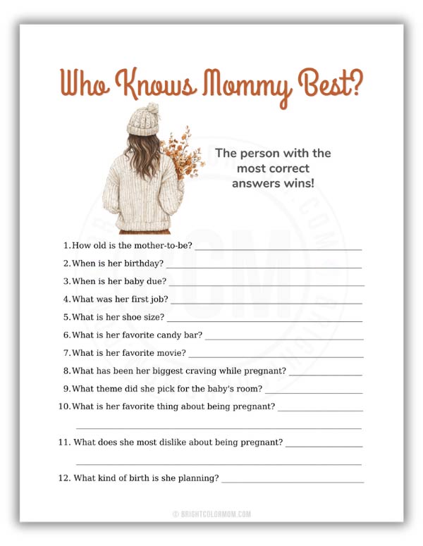 printable Who Knows Mommy Best baby shower game