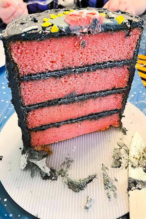 a four-layer cake cut in half