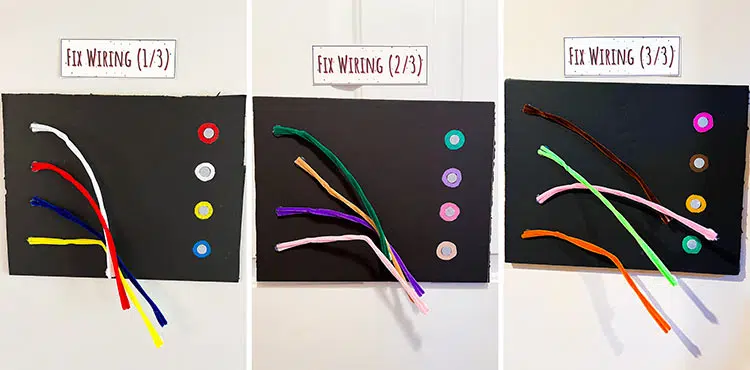 pipe cleaners in multiple colors attached to foam boards like wires