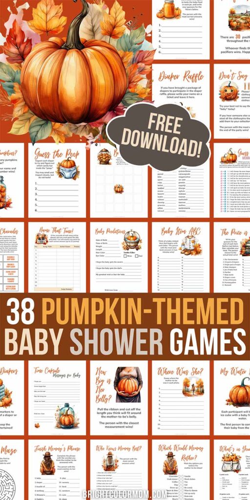 collage of printable pumpkin-themed baby shower games