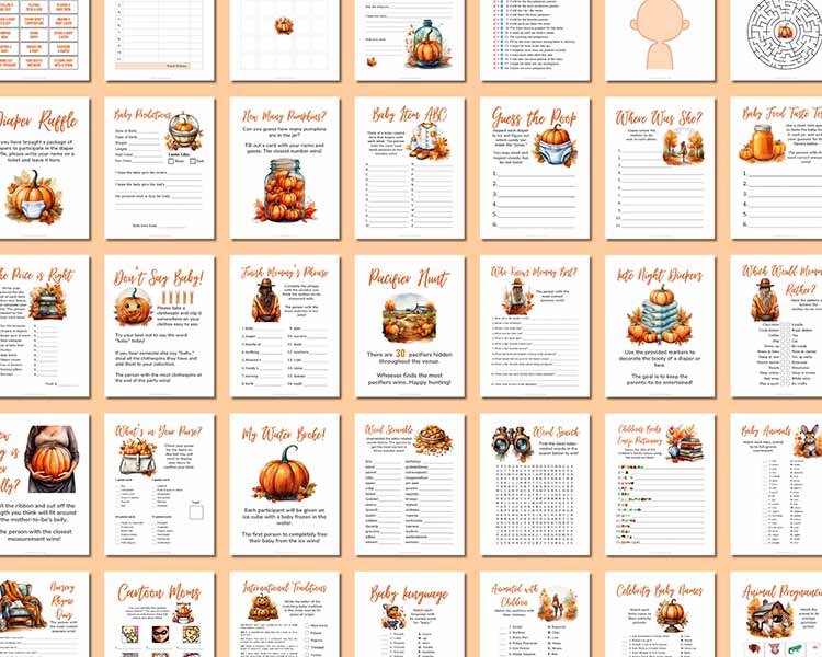 collage of dozens of coordinating pumpkin-themed printable baby shower games