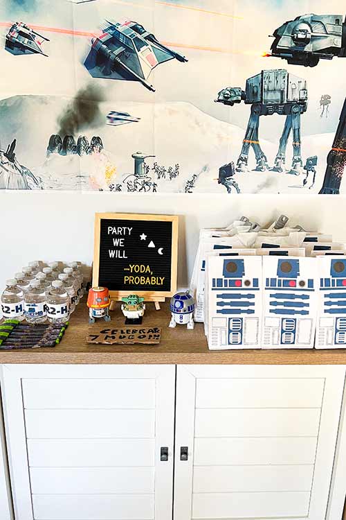 Star Wars-themed party favors and decorations