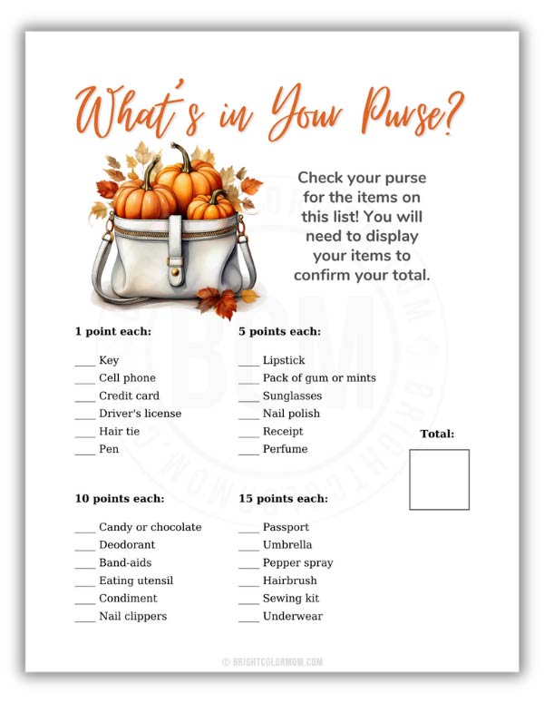 printable What's in Your Purse baby shower game