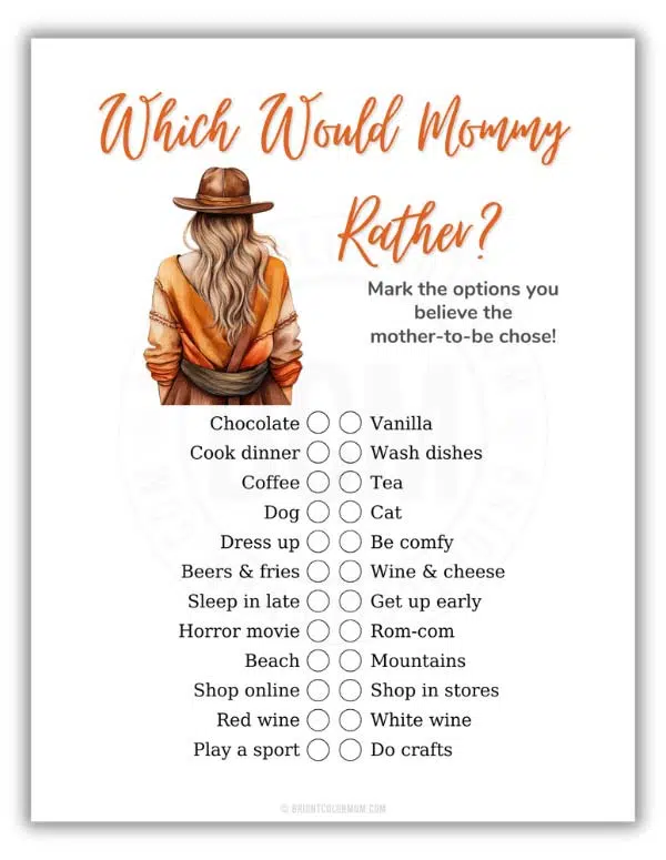 printable Which Would Mommy Rather baby shower game