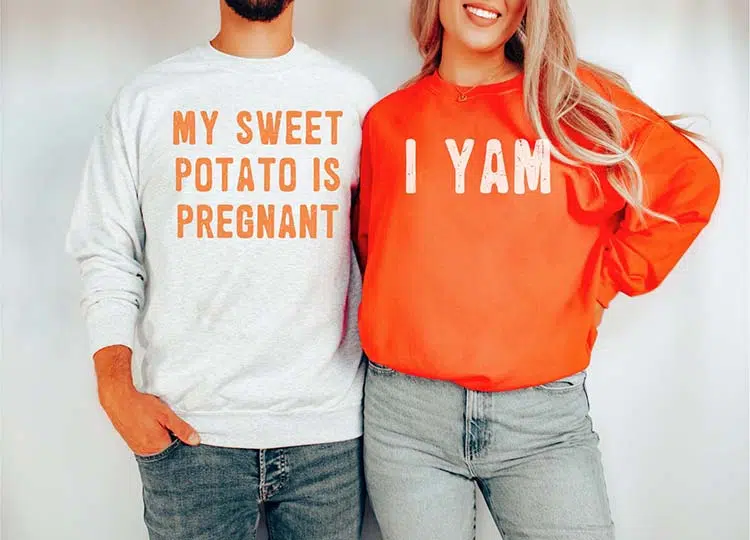 his and hers partner pregnancy announcement sweatshirts for Thanksgiving