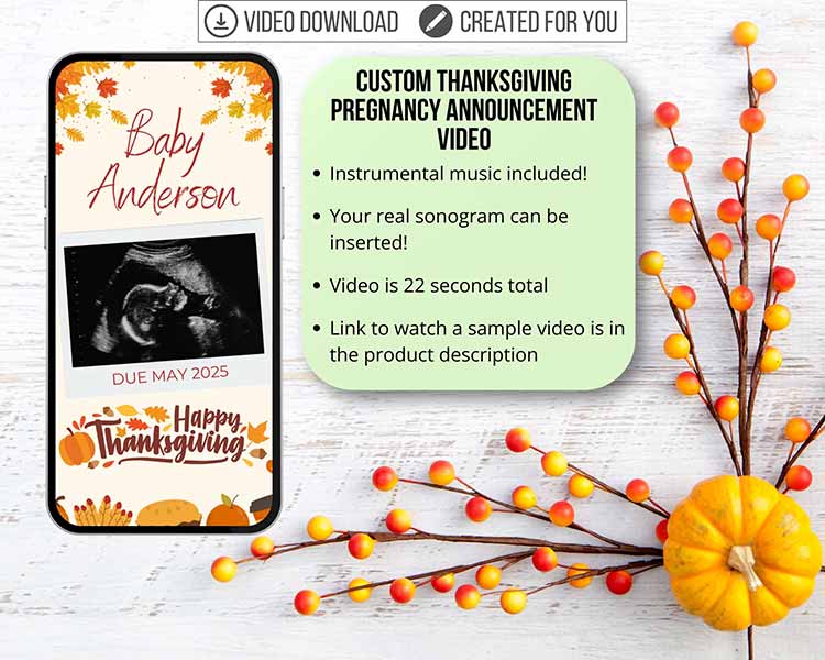 sample image of a customized Thanksgiving pregnancy announcement video