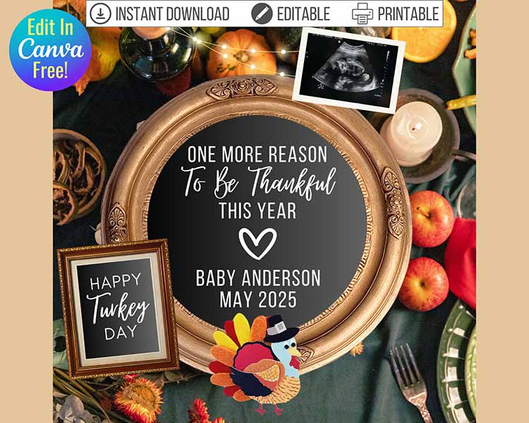 chalkboard-style social media pregnancy announcement for Thanksgiving