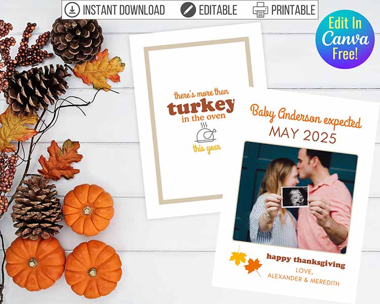 a Thanksgiving-themed pregnancy reveal greeting card