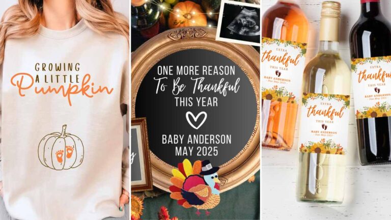 a collage of three different Thanksgiving-themed pregnancy reveals