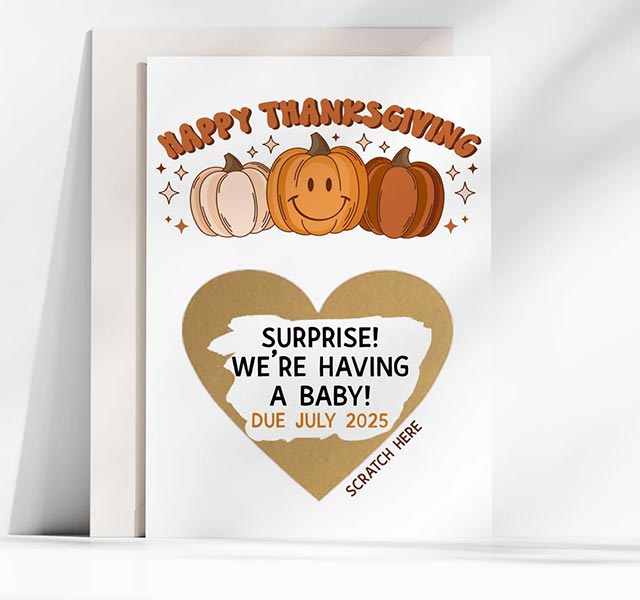 Thanksgiving-themed scratcher card revealing pregnancy