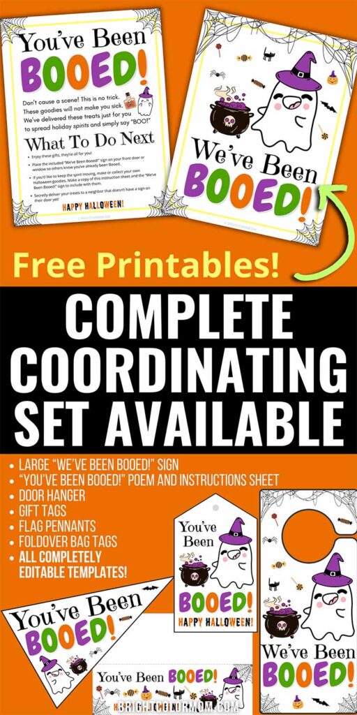 various matching You've Been Booed printables in a collage with large text reading 'Complete Coordinating Set Available' and a list of the printable items