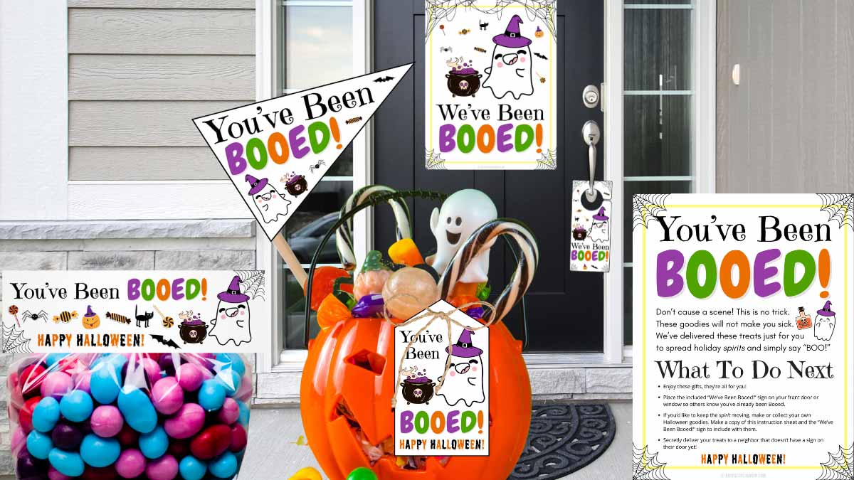 a front porch with a Halloween Boo Basket on the welcome mat and We've Been Booed sign on the door