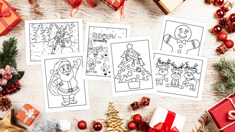 various Christmas coloring pages on a flat lay