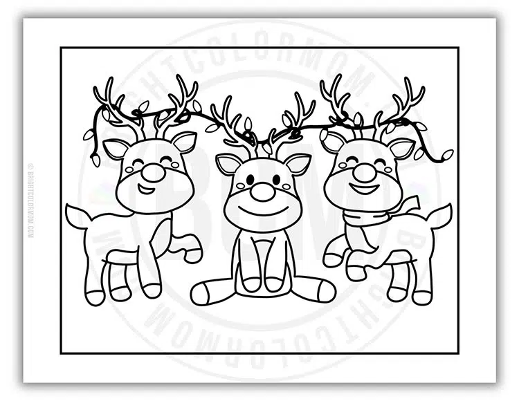 coloring page of three cute reindeer