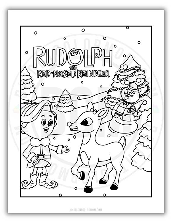 coloring page of a Rudolph the Red-Nosed Reindeer book cover