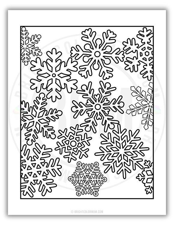 coloring page full of various snowflakes