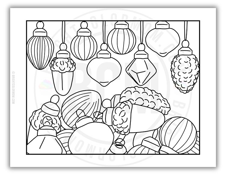 coloring page full of various Christmas ornaments