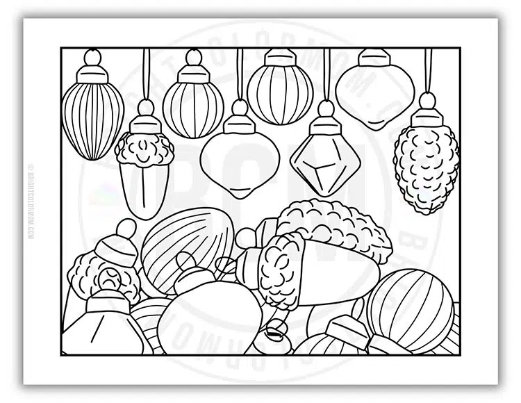 coloring page full of various Christmas ornaments