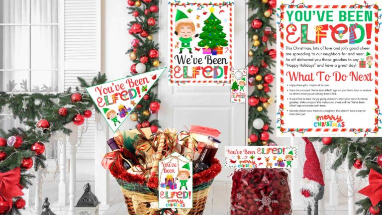 a front porch with a Christmas Elf Basket on the front porch and We've Been Elfed sign on the door