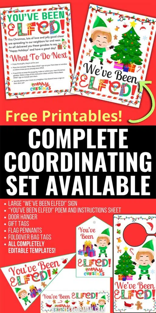 various matching You've Been Elfed printables in a collage with large text reading 'Complete Coordinating Set Available' and a list of the printable items