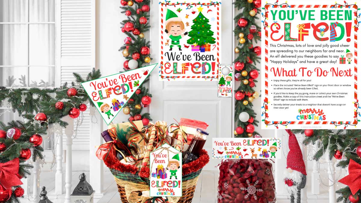 Happy Holiday Elves With Tree Winter Door Cover – 30x72 Xmas Party Decor