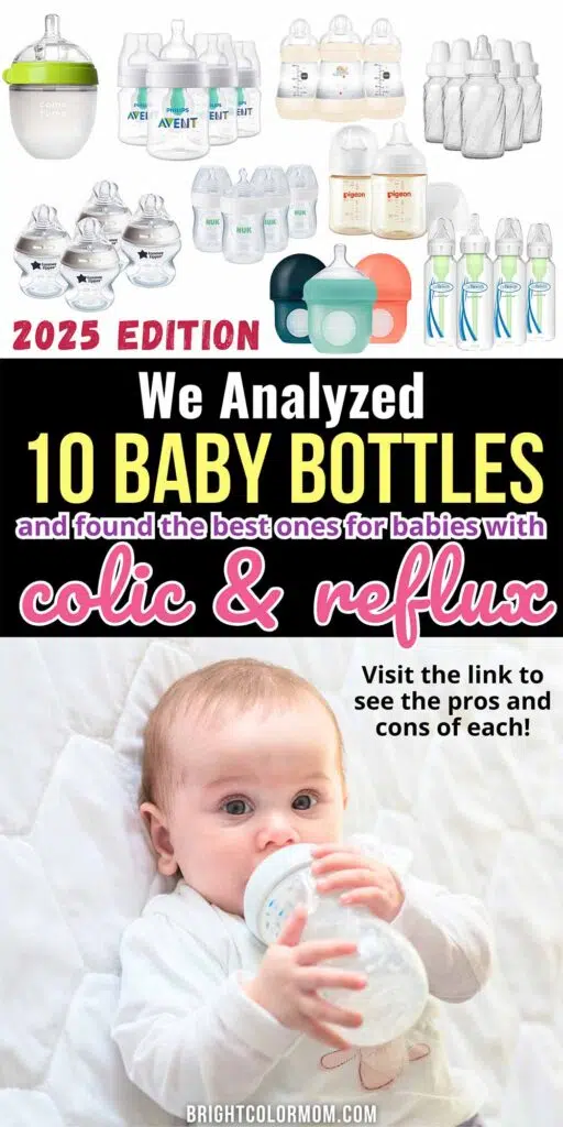 various brands of baby bottles and a baby eating from a bottle