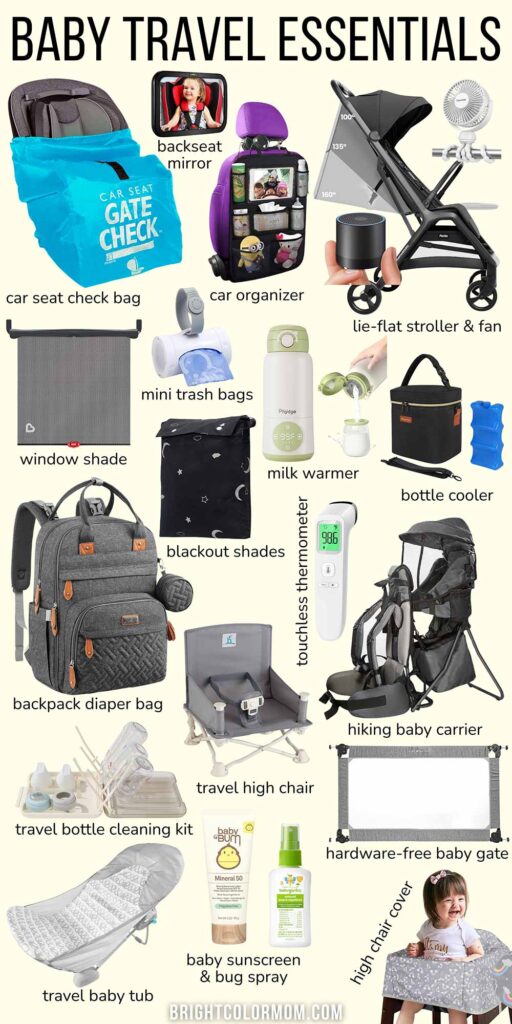collage of various baby gear for travel