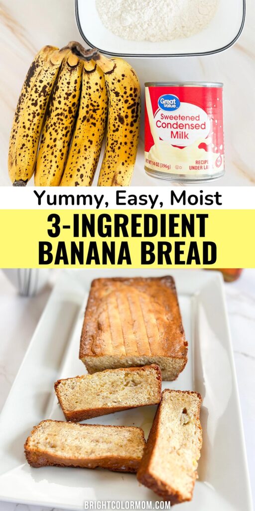 ingredients for and finished loaf of 3-ingredient banana bread