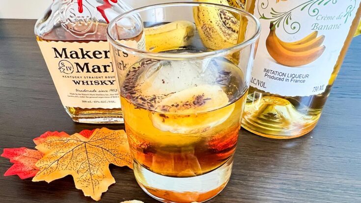 an old-fashioned in front of Maker's Mark and banana liqueur