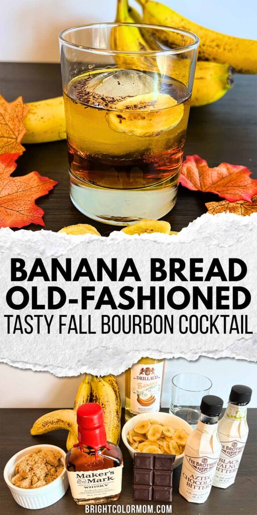 collage of drink and ingredients for making a banana bread old-fashioned