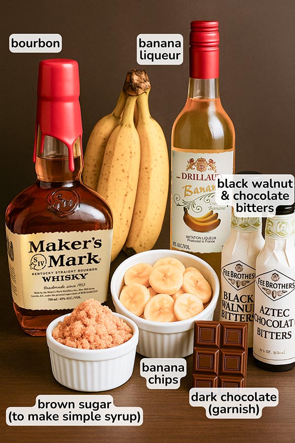 ingredients for a banana bread old-fashioned cocktail