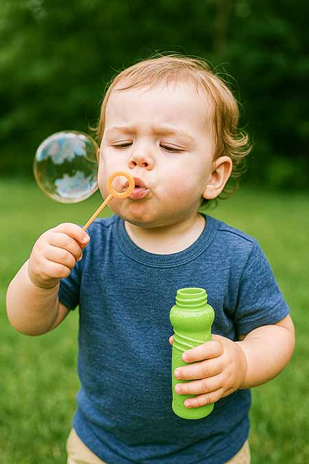toddler blowing bubbles