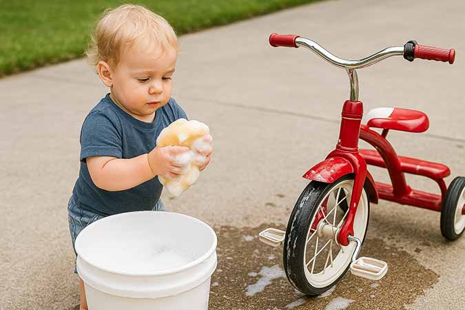 toddler washing a tricycle