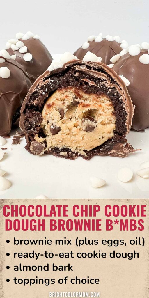 plate of chocolate chip cookie dough brownie bombs with one cut in half