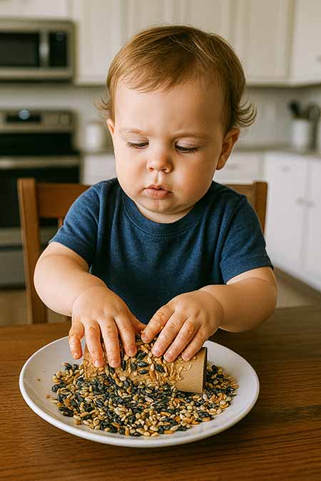 toddler making a homemade bird feeder