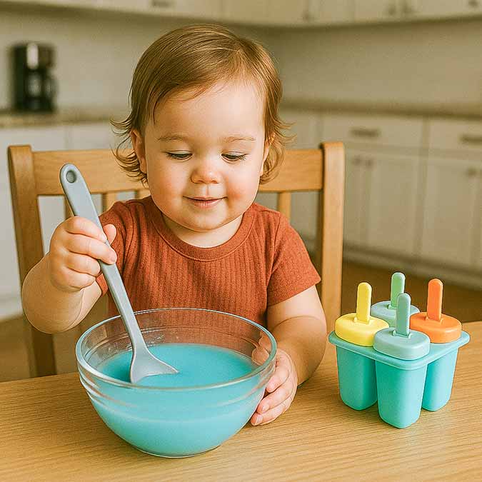 toddler mixing up liquid for popsicles