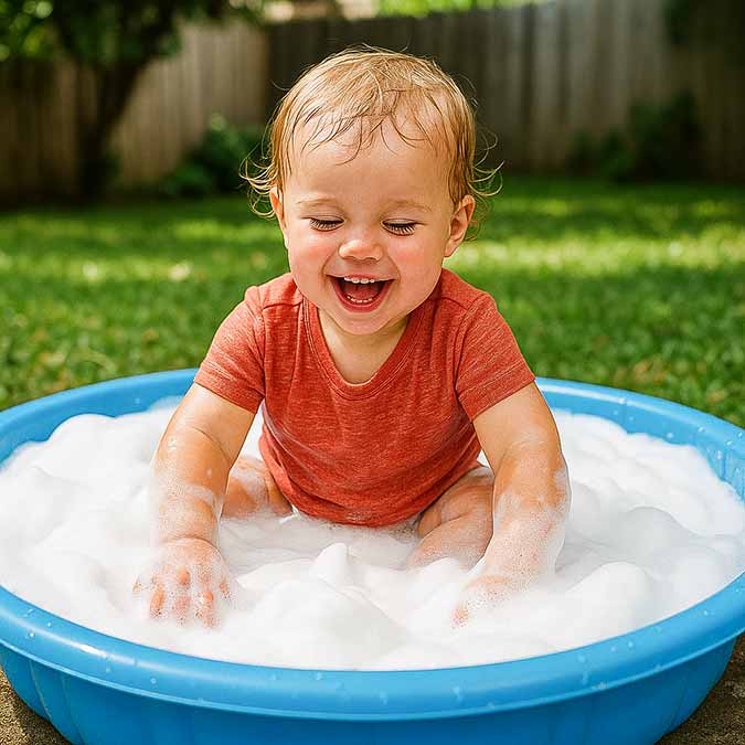 toddler in pool full of foam