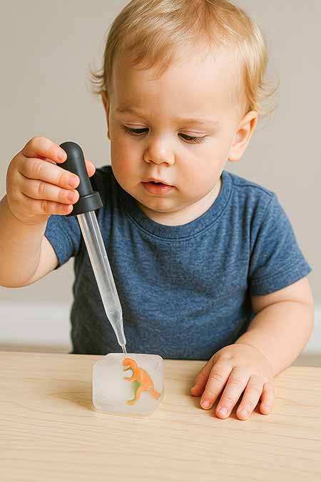 toddler dropping water on an ice cube