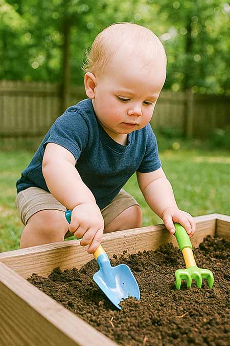 toddler playing in the garden