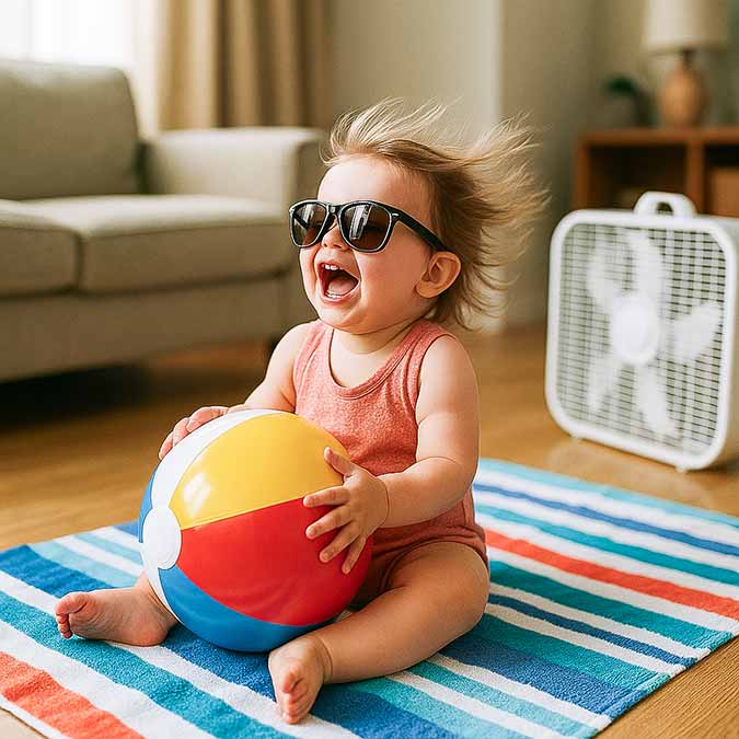 A very happy toddler sits on a beach towel in the living room, wearing a swimsuit and holding a beach ball while a fan blows her hair back.